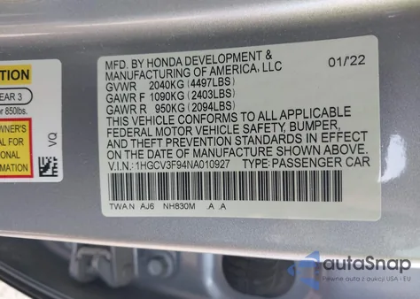 2022 Honda Accord Hybrid Touring из США, поврежденный, VIN 1HGCV3F94NA010927